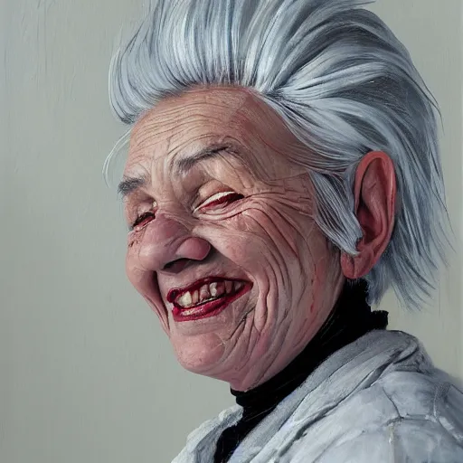 Prompt: portrait painting of woman from scandinavia, old and wrinkled, white hair, daz, occlusion, smiling and looking directly, brushstrokes, white background, art by enki bilal