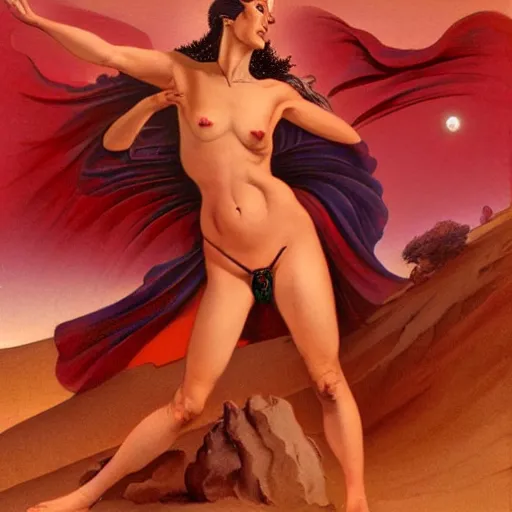 Image similar to Silk sheet desert ecstasy Bedouin under crimson azure diamond sky, in the style of Frank Frazetta, Jeff Easley, Caravaggio, extremely clear and coherent, clear lines, 8K revolution
