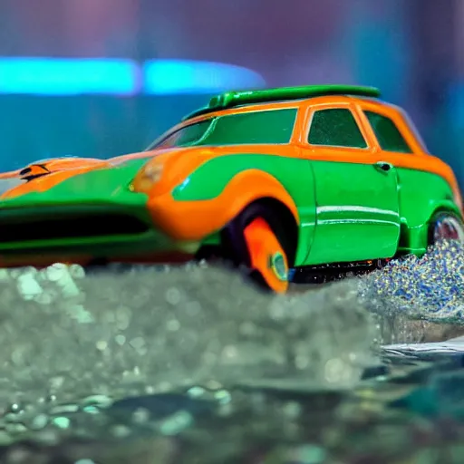 Prompt: 3 5 mm photo of metallic green and orange aquaman car like hot wheels model with a atlantis as background, epic cinematic, epic lighting