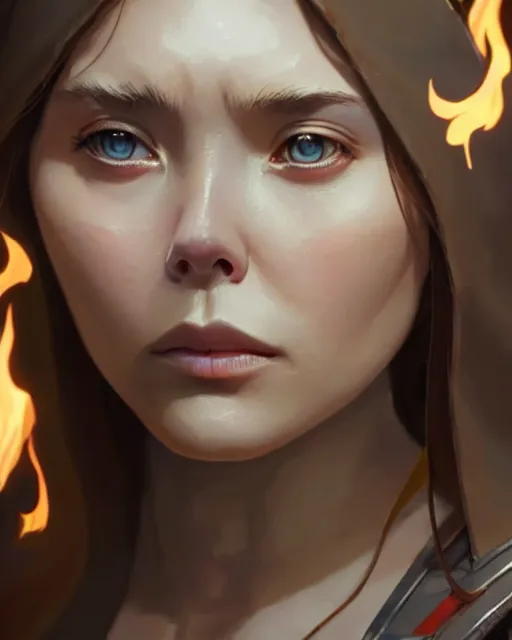 Image similar to azctec warrior, elizabeth olsen, detailed perfect face, exquisite details, fire magic, mid view, design on a white background, by studio muti, greg rutkowski makoto shinkai takashi takeuchi studio ghibli