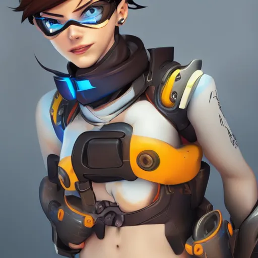 Image similar to tracer from overwatch r 3 4 h e n t a i, trending on artstation