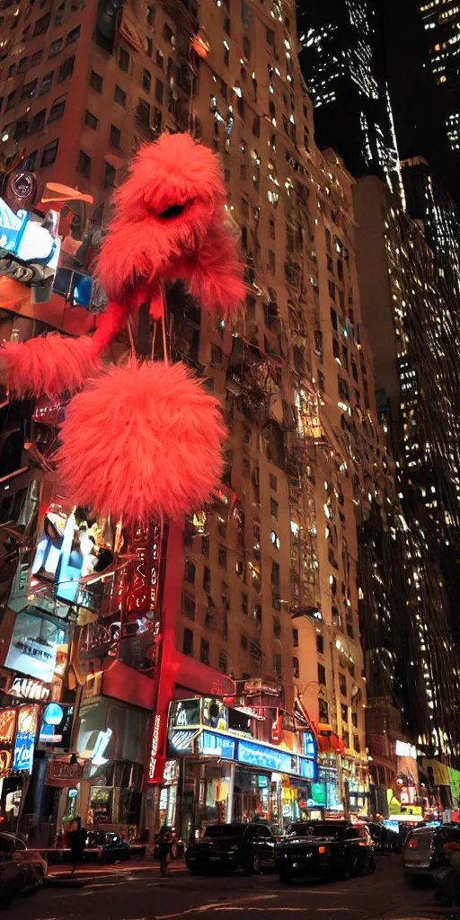 Image similar to fluffy puppet im new york at night with red lights as eyes