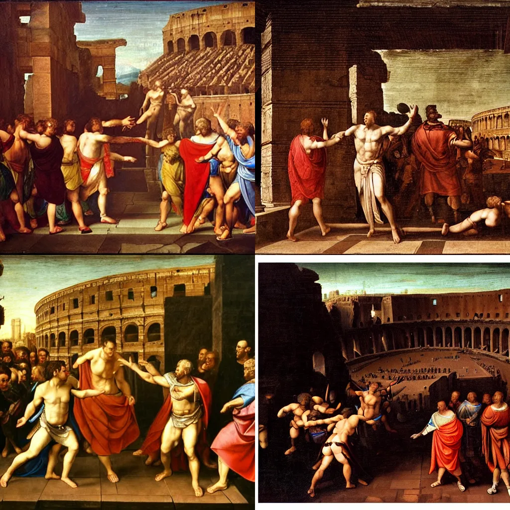 Prompt: Fight between julius caesar and elon musk in the colosseum, epic, action, in the style of renaissance painting, artwork by Leonardo davinci, classic painting