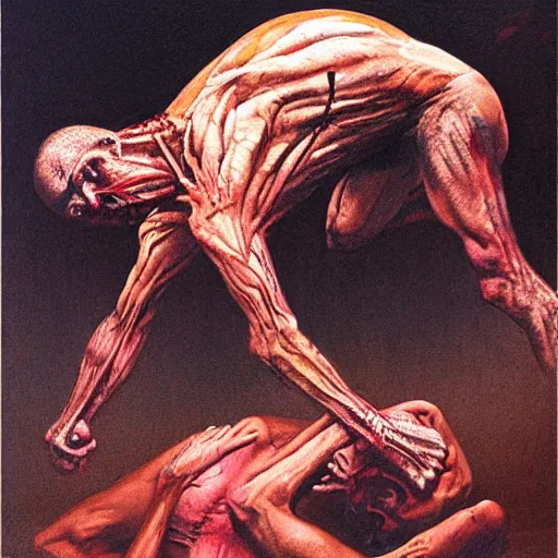 Image similar to tony ferguson knocked out illustrated by Wayne Barlowe, Zdzisław Beksiński, H. R. Giger, mma, mixed martial arts, mixed martial artists, UFC, Ultimate Fighting Championship, trending on artstation, detailed art, oil painting, C 10