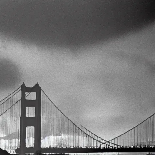 Image similar to 1 9 7 0 s, movie still frame, black and white, photorealistic highly detailed, 8 k, sit - com, body - horror, chtulhu monster emerges in san francisco bay