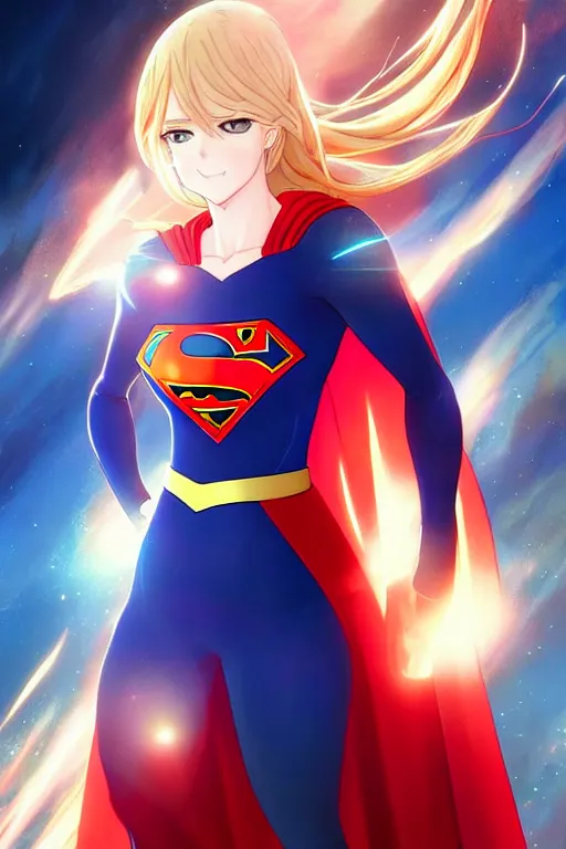 Image similar to anime key visual of a beautiful female supergirl!! intricate, red, blue gold suit, powers, speed, dc comics, cinematic, stunning, highly detailed, digital painting, artstation, smooth, hard focus, illustration, art by artgerm and greg rutkowski and alphonse mucha