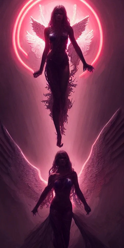 Image similar to alterd carbon, angel protecting woman, neon, detailed intricate render, dark atmosphere, detailed illustration, hd, 4 k, digital art, overdetailed art, by greg rutkowski, by loish, alphonce mucha, complementing colors, trending on artstation, deviantart