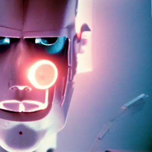 Image similar to movie still of a villain cyborg, facial expression, cinematic composition, cinematic light, surreal cinema, pastel color scheme, by david lynch,