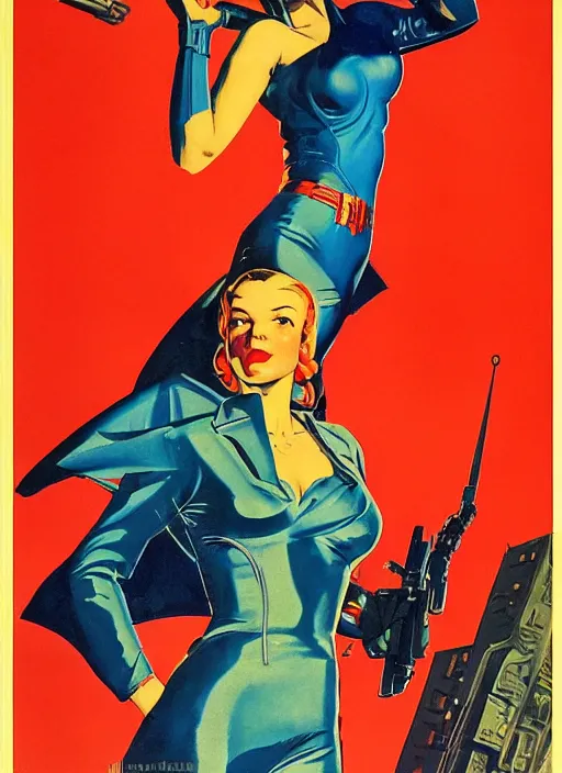 Image similar to soviet propaganda poster. cyberpunk hitwoman. portrait by jean giraud and anton otto fischer and john philip falter and will eisner and gil elvgren