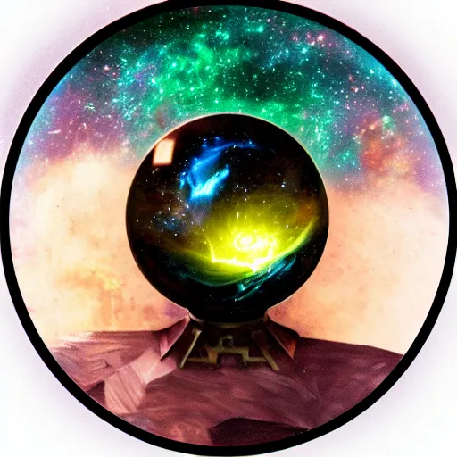 Image similar to league of legends, kai'sa looking at a galaxy in a crystal ball, realistic