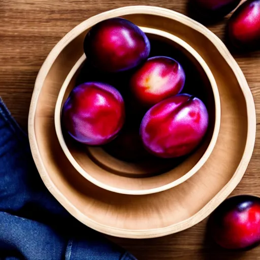 Image similar to photo of a thick porcelain bowl filled with a few moist freshly picked plums on a wooden table. volumetric lighting. 4 k. small scale. realistic. top down.