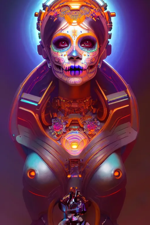 Image similar to ultra detailed female android deity, scifi, fantasy, octane render, unreal engine, dia de los muertos, asymmetrical intricate concept art, triadic color, art by godmachine and artgerm and greg rutkowski and alphonse mucha, 8 k, artstation, cgstation, behance