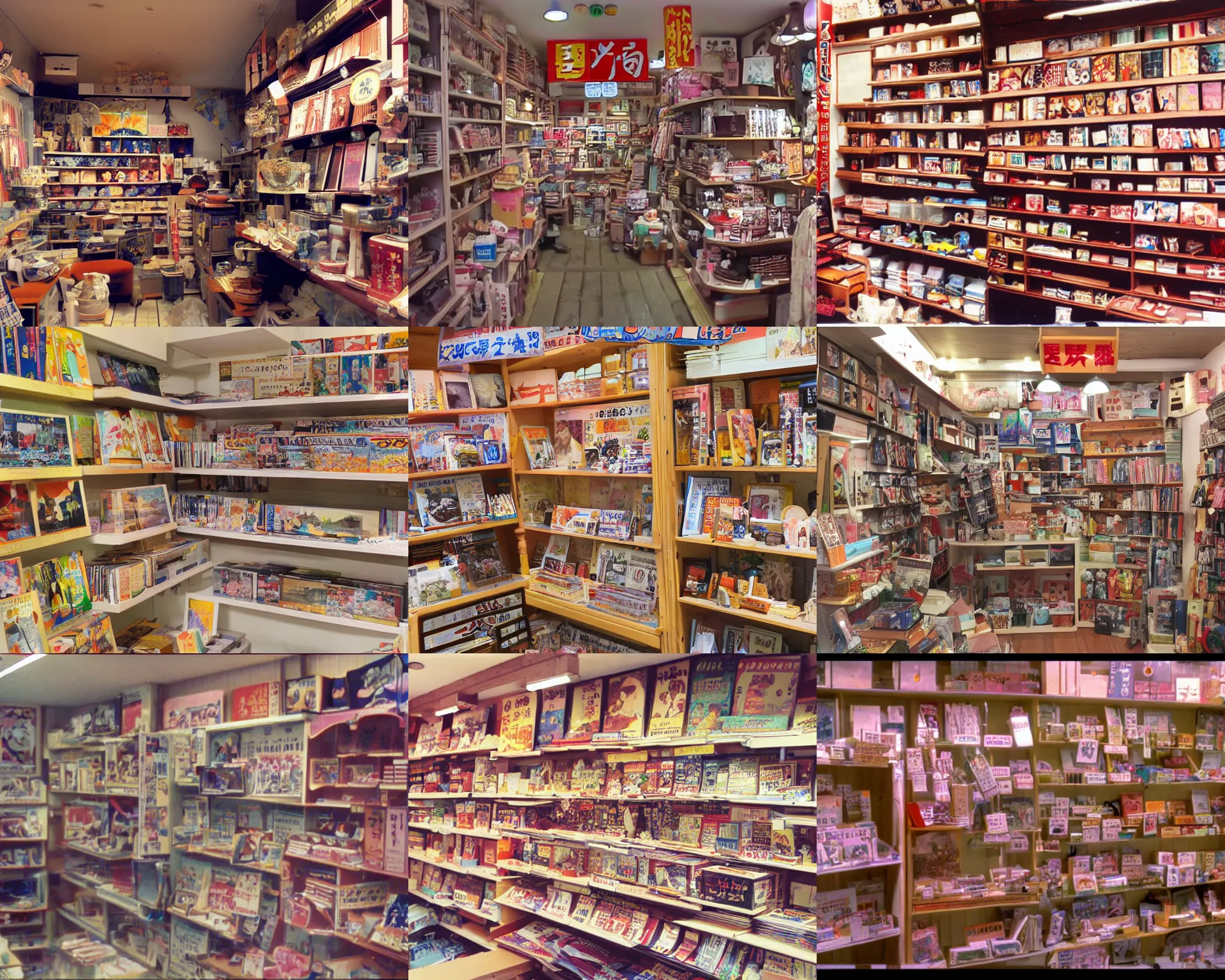 Prompt: home video footage, inside of the small miniature shop in japan ; daylight, summer, color vhs picture quality