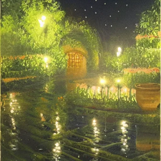 Image similar to a painting of rain in a garden at night