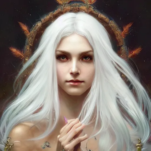 Image similar to god and goddess, white hair, long hair, gorgeous, amazing, elegant, intricate, highly detailed, digital painting, artstation, concept art, sharp focus, illustration, art by artgerm and greg rutkowski and alphonse mucha