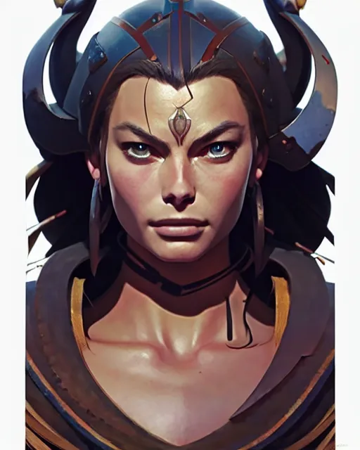 Image similar to azctec warrior, margot robbie, detailed perfect face, exquisite details, fire magic, mid view, design on a white background, by studio muti, greg rutkowski makoto shinkai takashi takeuchi studio ghibli