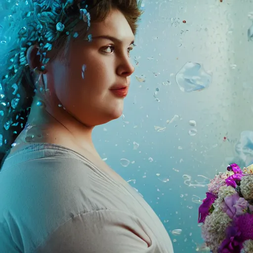 Image similar to the huge fat woman's head is on the in the closet, covered with ice and flowers. medium shot. beautiful colors, great lighting. fantastic movie scene. subsurface scattering shiny skin. beautiful lighting, 4 k post - processing, trending in art station, cg society, highly detailed, 5 k extremely detailed, 3 d. cinematic scene. sharp image.