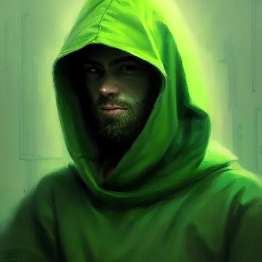 Image similar to portrait of a programmer with green hood by greg rutkowski