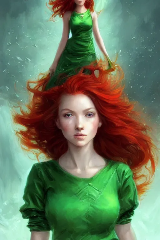 Prompt: beautiful cute red haired joyful and playful 1 9 year old maiden standing up in a green dress, long hair, sci - fi, fantasy, intricate, elegant, digital painting, artstation, concept art, smooth, 8 k frostbite 3 engine, ultra detailed, art by artgerm and greg rutkowski and magali villeneuve