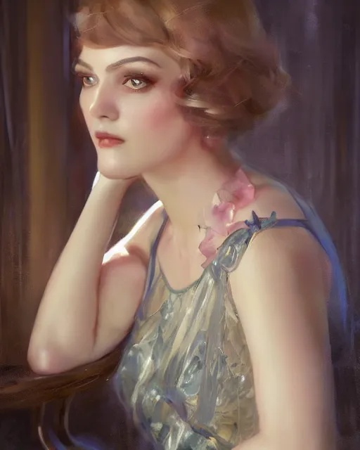 Prompt: daniel gerhartz and artgerm portrait digital painting of a 1 9 2 0 s beautiful woman at a party in a mansion, mansion interior in the background, unreal engine, hyper realism, realistic shading, cinematic composition, realistic render, octane render, detailed textures, photorealistic, ultrawide shot, 3 5 mm film