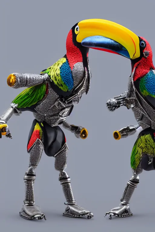 Image similar to a macro photo of a cyborg toucan miniature figurine, dynamic pose, chrome parts, intricate details, intricately detailed textures, warm lighting, vivid colors, realistic octane render, hyper realistic render, volumetric shading, depth of field, raytracing, 8 k,