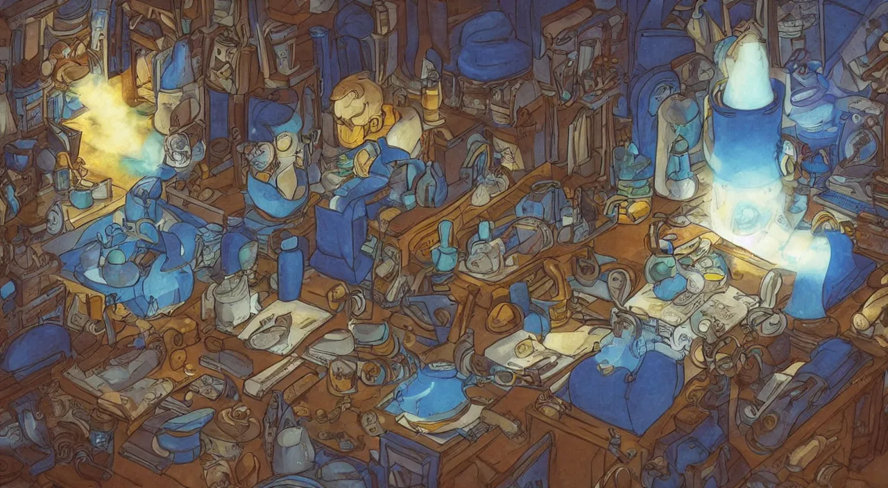 Image similar to cartoon wizard, scrolls of magic , blue light , shelves of scrolls and magic books , pot of alchemy , Dramatic lighting, Epic composition, Wide angle, by Miyazaki, Nausicaa Ghibli