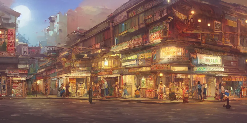 Image similar to little india sundry shop, old cinema, post office, evening, highly detailed matte painting, studio ghibli, artstation