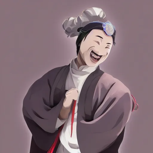 Image similar to photography of a smiling middle aged taoist priest in grey looks like zun long, anime waifu style character, clean soft lighting, backlit handsome face, clean brush stroke, 8 k character concept art, by wlop and artgerm, 3 d, yoji shinkawa