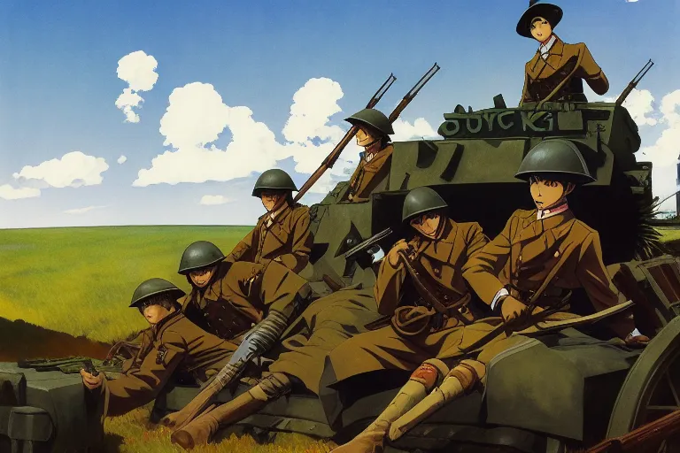 Image similar to anime key visual depicting the horros 1 9 1 8 great war, anime maids riding early tanks, matriarchy, old bolt action rifles, biplanes in the sky, blood anguish terror, jamie wyeth james gilleard edward hopper greg rutkowski acrylic painting, preserved museum piece, historical