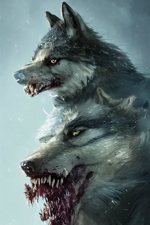 Prompt: a fancy portrait of a zombiefid wolf with crystal teeth by Greg Rutkowski, Sung Choi, Mitchell Mohrhauser, Maciej Kuciara, Johnson Ting, Maxim Verehin, Peter Konig, final fantasy , mythical, 8k photorealistic, cinematic lighting, HD, high details, atmospheric,