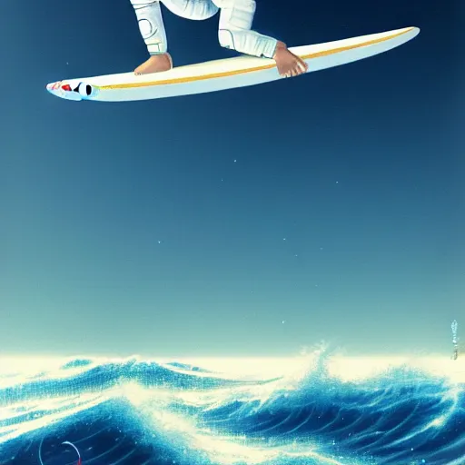 Prompt: a beautiful digital painting of an astronaut in a white space suit surfing the great wave on a surfboard by greg rutkowski, photorealistic, trending on artstation, octane render