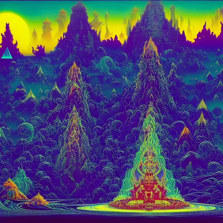 Prompt: mysterious diamond temple overlooking haunted seething ocean, infinite crashing waves, astronomical synthwave, bright neon psychedelic colors, highly detailed, cinematic, eyvind earle, tim white, philippe druillet, roger dean, ernst haeckel, lisa frank, aubrey beardsley, kubrick, kimura, isono