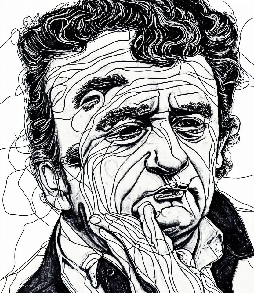 Image similar to detailed line art portrait of johnny cash, inspired by egon schiele. contour lines, musicality, twirls, curls, curves, confident personality