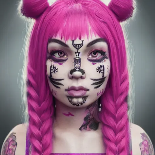 Prompt: An octane 3d render of a girl with pink pigtails, and face tattoos, 8d, HD, hyper detailed, intricate details, photorealistic, dynamic lighting, stunning visuals, creative, trending on art station,