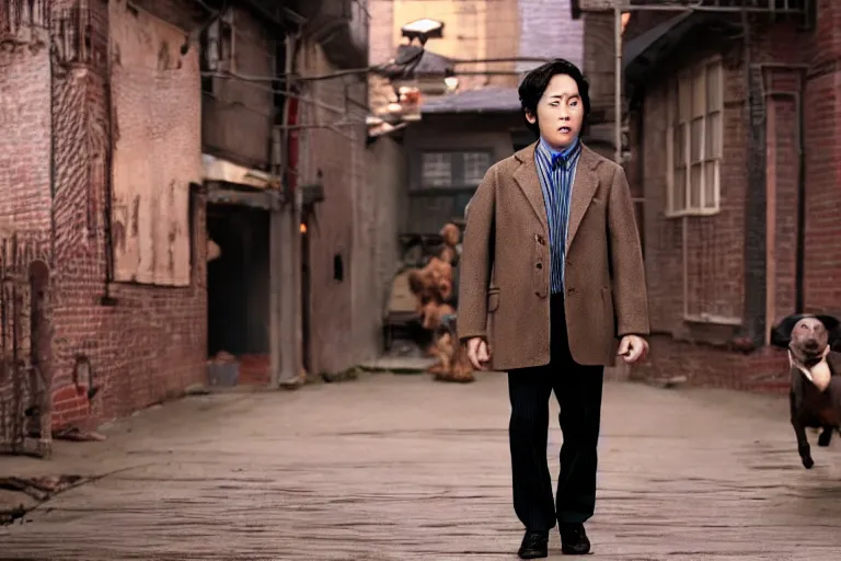 Image similar to cinematic still of Steven Yeun from charlie and chocolate factory (2005), XF IQ4, f/1.4, ISO 200, 1/160s, 8K, RAW, dramatic lighting, symmetrical balance, in-frame