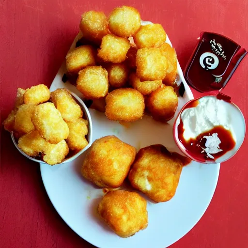 Image similar to food photo of channing tatum's face on top of giant tater tot on a plate with ketchup