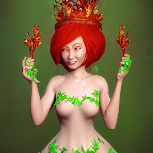 Image similar to cell shaded humanoid onion goddess, flower vine dress, crown, artstation, 4 k gorgeous, smiling, red hair regal, garlic scepter