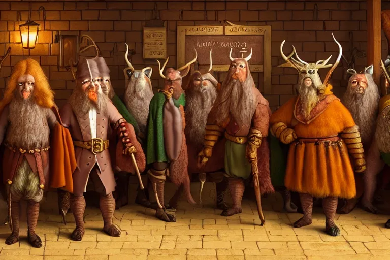 Image similar to A group of High Fantasy Creatures lined up for a portrait in a Tavern directed by Wes Anderson, Regal, Formal, Symmetrical, Satisfying, Dynamic lighting, Highly Detailed, Cinematic Lighting, 8k, HD