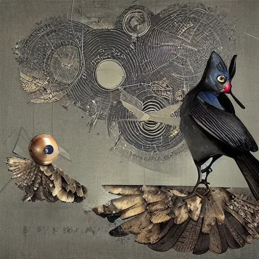 Image similar to a mechanical bird wanders between the virtual realms of urban informatics and computational social science, collage artwork by dave mckean and ivan shishkin and james jean