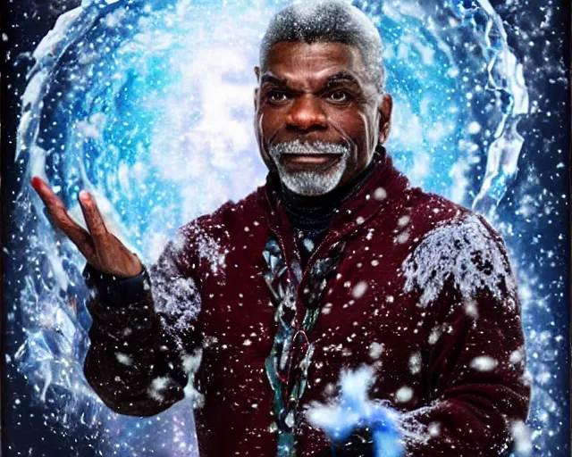 Image similar to keith david as a powerful ice mage casting a snow spell, fantasy art, extremely detailed, high quality, award - winning,