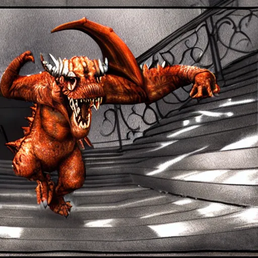 Image similar to digital painting of a dragonborn falling down the stairs, ultra realistic