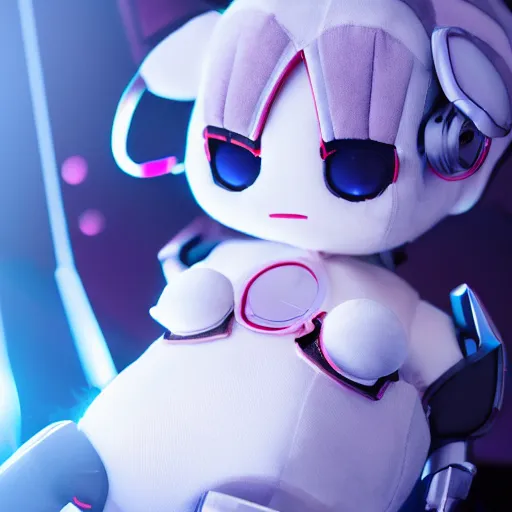 Prompt: cute fumo plush of a cyborg girl enhanced with the latest cutting edge augmentations, cyborg, lens flare, vray