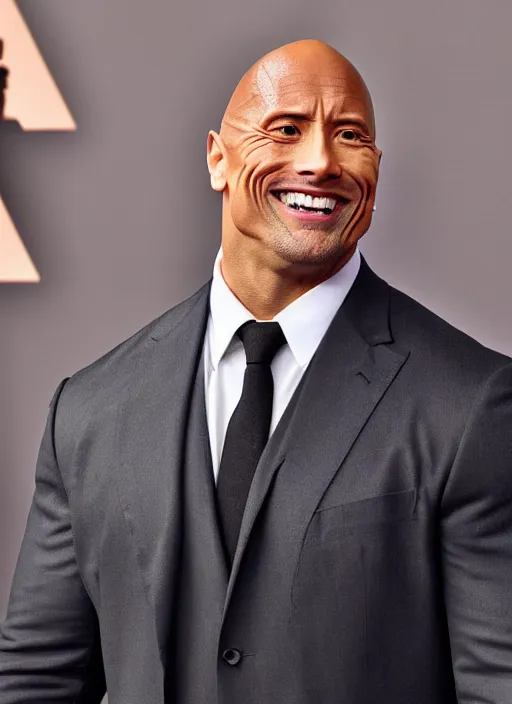 Image similar to a photograph of Dwayne Johnson with an inhumanly wide smile, looking in two directions