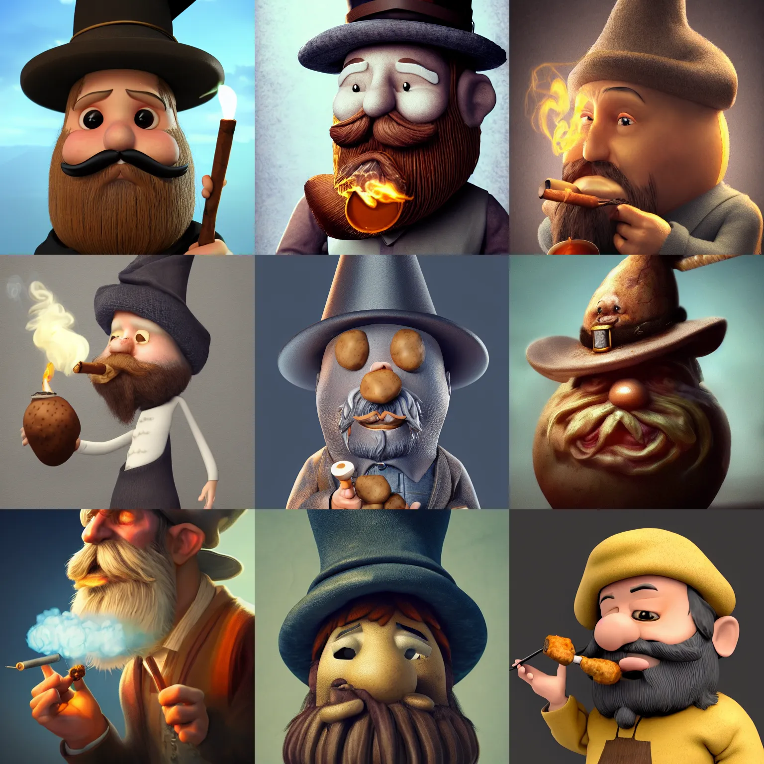 Prompt: a potato with a beard and a wizard hat smoking a pipe, artstation, realistic, 4k
