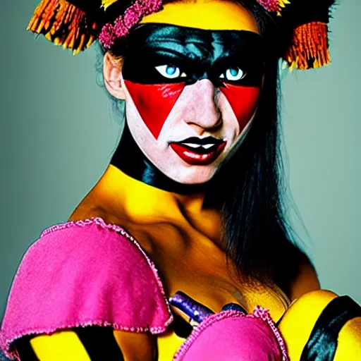 Prompt: photo of a real-life beautiful female harlequin warrior,