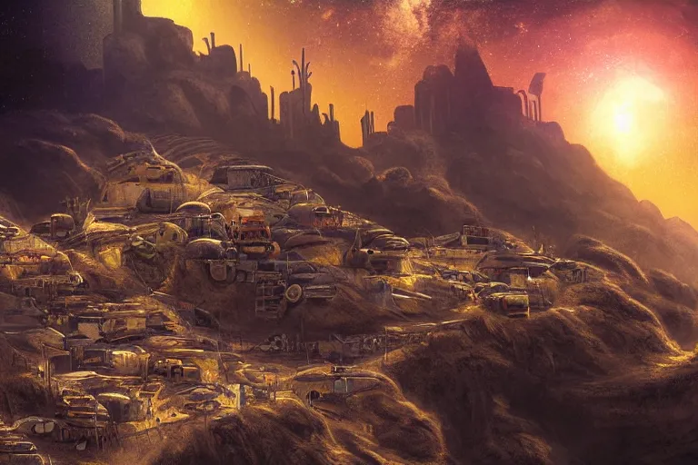 Prompt: favela spaceship cathedral bunker, desert environment, industrial factory, cliffs, peaks, bright, milky way, award winning art, epic dreamlike fantasy landscape, ultra realistic,