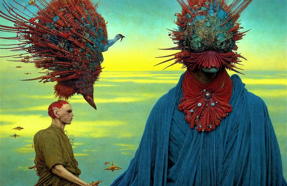 Image similar to realistic detailed portrait movie shot of a birdman wearing dark ragged robes, sci fi city sunset landscape background by denis villeneuve, amano, yves tanguy, alphonse mucha, ernst haeckel, max ernst, roger dean, masterpiece, rich moody colours, bird head, blue eyes