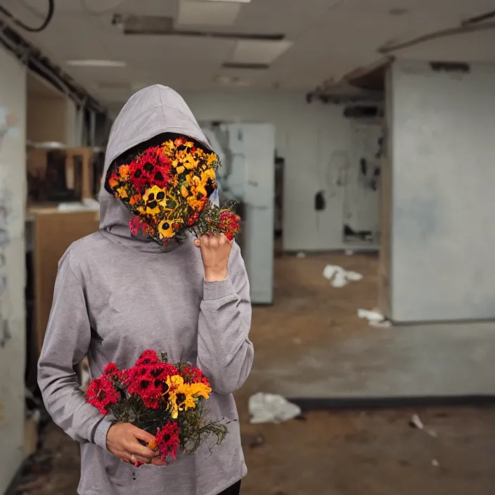 Image similar to a woman wearing a hood made of wire and zinnias, in an abandoned office building, canon eos c 3 0 0, ƒ 1. 8, 3 5 mm, 8 k, medium - format print