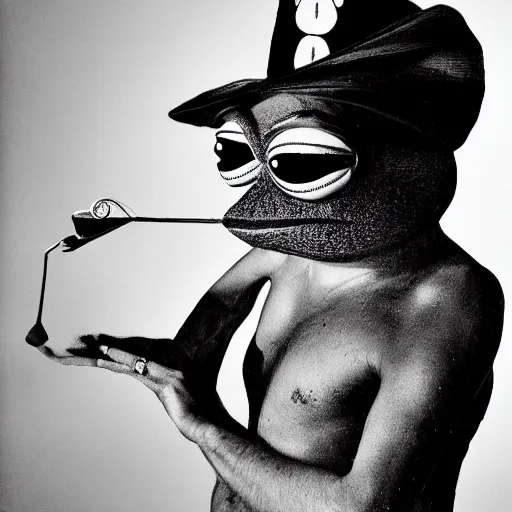 Prompt: portrait of Pepe the frog with salvadore dali mustache, photography by Cecil Beaton, glamorous Hollywood style lighting, black and white, photorealistic