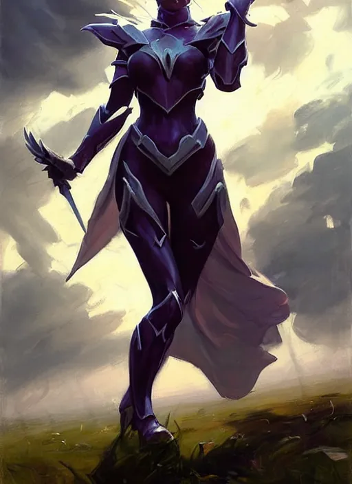 Prompt: Greg Manchess painting of Syndra from League of Legends wearing Forerunner Armor from Halo, countryside, calm, fantasy character portrait, dynamic pose, above view, sunny day, thunder clouds in the sky, artwork by Jeremy Lipkin and Giuseppe Dangelico Pino and Michael Garmash and Rob Rey, very coherent asymmetrical artwork, sharp edges, perfect face, simple form, 100mm